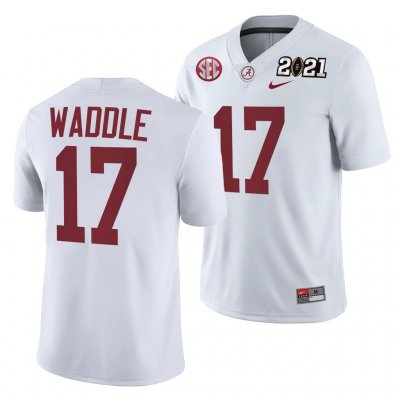 Men's Alabama Crimson Tide #17 Jaylen Waddle 2021 Rose Bowl Champions White NCAA Playoff Away College Football Jersey 2403TUUW2